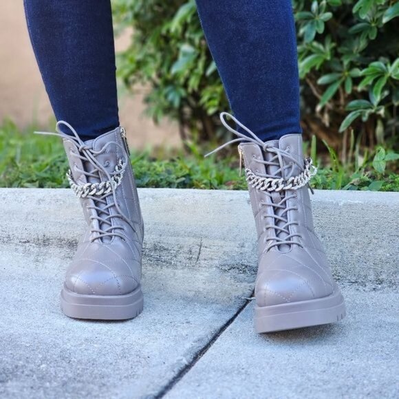 Womens‎ Chunky Block Heel Ankle Combat Boots Taupe Color - Picture 5 of 6
